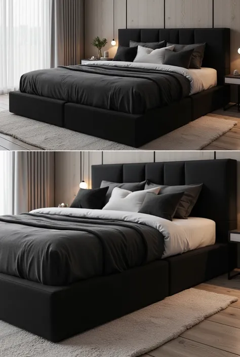 Black attached single box bed with headboard 