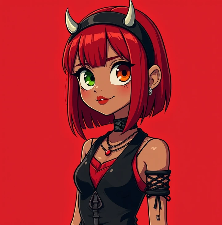  Gothic teenage girl , with red background, adult womans body,  straight red hair short around the neck , red and black gothic outfit , Brown skin,  the character wears punk gothic bracelets, punk gothic choker ,  gothic headband with thorns ,  one green e...