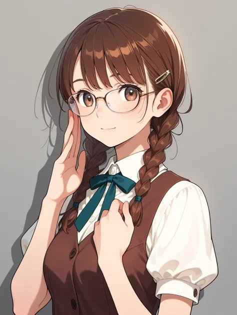 1girl,brown hair,twin braid,glasses