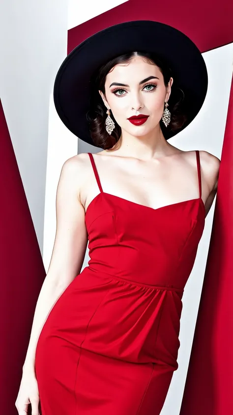  a breathtaking masterpiece of a woman standing gracefully in a long, flowing red dress. The dress is detailed and elegant, featuring a modest neckline that enhances her beauty while maintaining an air of sophistication. She wears a wide-brimmed black hat,...