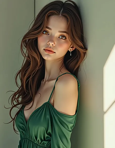 Honey-eyed brunette ,  slender body in green bonded dress,  baby  