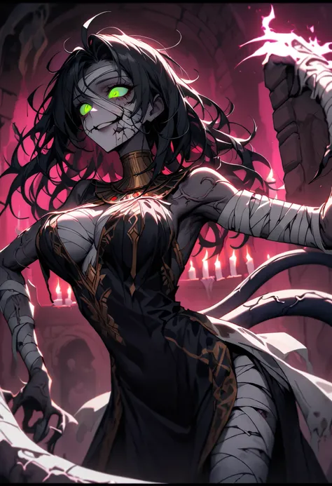 Solo, female, tangled hair, messy hair, long black hair, decay, sickly skin, ((prominent veins)), pulsating veins, undead, dimly glowing iris, green eyes, statuesque build, unnatural twisting body:1.2, large breasts, narrow hips, claws, elongated arms, thi...