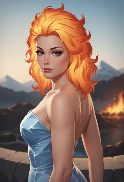 score_9, score_8_up, score_7_up, Western Comics, Portrait, girl, cute, seductive, innocent, light smile:0.3, plump lips, slender body, fire and ice, flaming hair, wild hair, in ice dress, Volcano Background, depth of field, dynamic angle, fashion photograp...