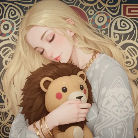  A blonde hair straight long hair Girl . holding cute lion plush doll. girl hair very long . background is tribal totem , background abstract , Gustav Klimt style , low brightness ,Milky color , golden straight hair ,face close-up,Night image,Golden hair o...