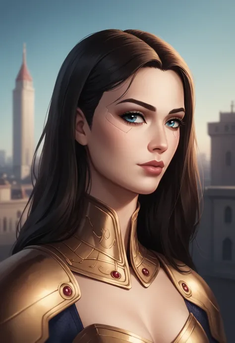 score_9, score_8_up, score_7_up, Western Comics, Portrait, girl, gothic, cute, seductive, innocent, light smile:0.3, plump lips, slender body, dark tones, dramatic lighting, high contrast, medieval theme, gold ornate, mysterious, detailed armor, cyberpunk ...