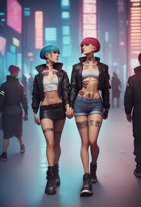 two cyberpunk women, short neon colored hair, looking away from camera, very cybernetic face, full body, black leather jackets, no shirts, tattoos on chest and neck and stomach, neon accented , fishnet stockings , holding hands, walking across street, peop...