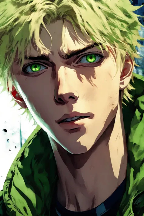  best quality ,  high resolution,  masterpiece , Necessary,  high quality,  super detail ,  American plan , anime,  Apocalypse,  anime style ,  create an image of a friendly blond guy with green eyes , 19 years old and handsome .
 Also the guy must have a ...