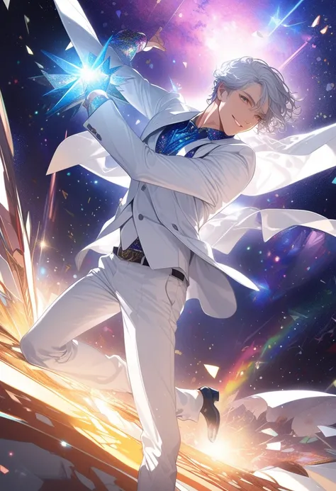 score_9,score_8_up,score_7_up,rating_safety,source_manga,masterpiece,best quality,hyper detailed,super fine illustration,8k,cinematic angle,BREAK 1boy,male,30yo,white hair,sunglass,smile,grey skin,white wings,white coat with white mens suits,Dancing,BREAK ...