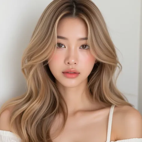 Korean-Japanese woman with beautiful facial features, natural blonde and long afro hair and brown eyes