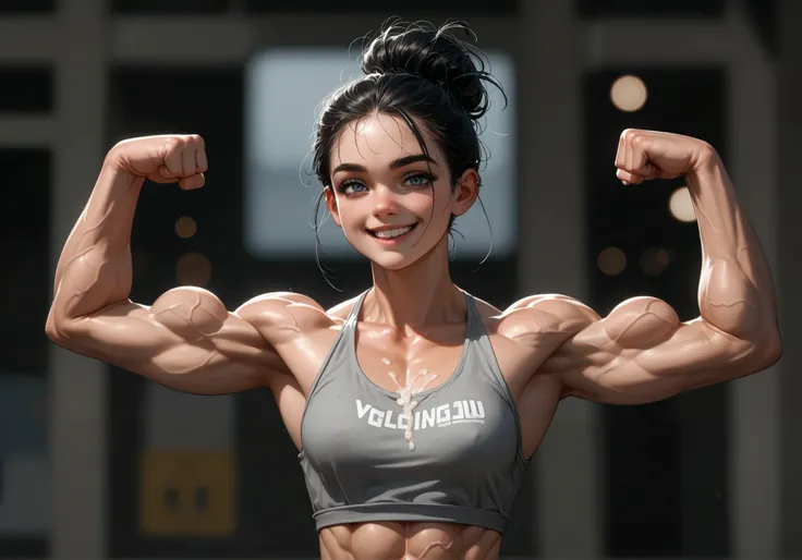 A stunning intricate, (cute), 1girl bokeh, cinemascope, moody, epic, gorgeous, film grain,, grainy, (big round breast, (muscle:1.9), thick chest muscle, (Reflective Muscle texture:1.8), (shredded muscle), (ten pack abs:1.5), (vascularity), chest veins, cap...