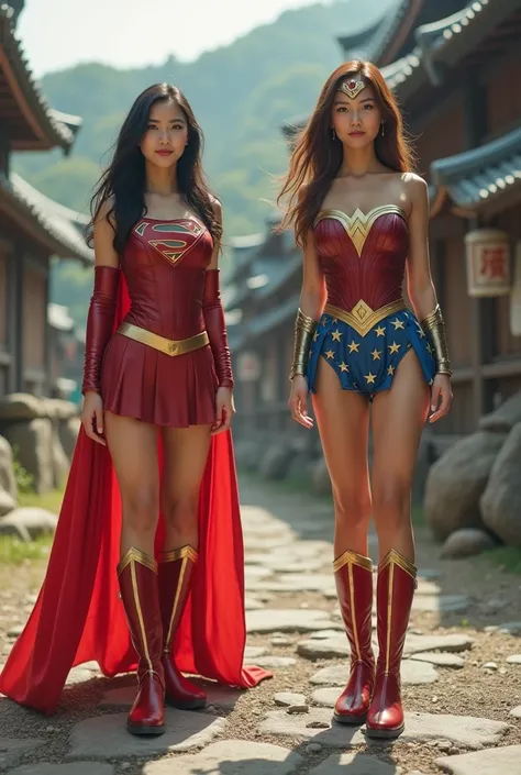  (live-action、   Two cute Japanese superheroines    、    supergirl on the right     、     Wonder Woman on the left )  、  smile、     muscular、       cute Japanese supergirl in her 20s   、  Her foot became a stone   、 (    unrealistic)、(     perfect costume ...