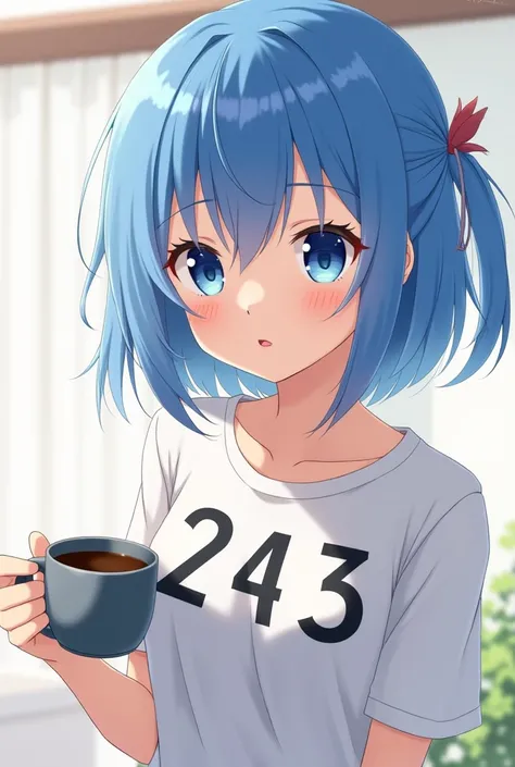 There will be an anime girl with blue hair that says 243 with a large inscription on her chest with coffee in her hand