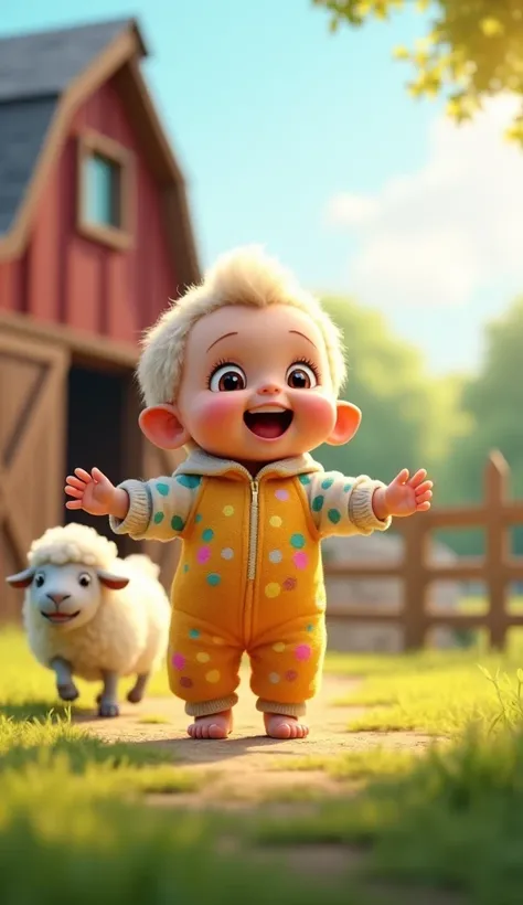 A cute baby wearing a jumpsuit is dancing with a happy sheep on a farm