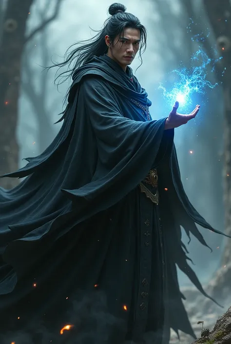 Man with black hair with Chinese with sorcerer power and black cape