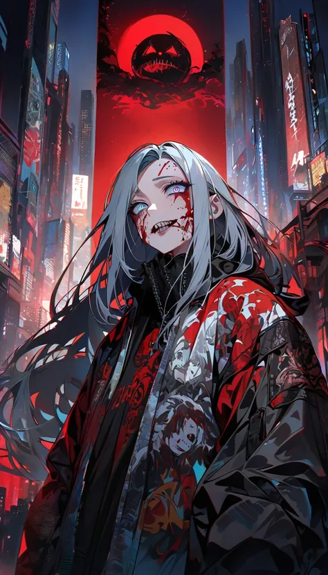 Shenhe, Danger ,Alone, wearing a crazy bad smile,Villain,blood on face ,Is streetwear , Night City,red moon background ,sad, very detailed eyes ,  very detailed face ,  detailed background , look at the viewer ,