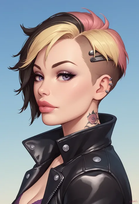 score_9, score_8_up, score_7_up, Western Comics, Portrait, girl, punk, cute, seductive, innocent, light smile:0.3, plump lips, slender body, very short hair, multicolored hair, in high detailed textured black leather jacket, piercing, small tattoo, most ic...