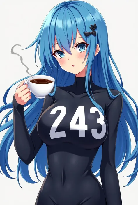 243 with a large inscription on her chest It will be an anime girl with blue hair with coffee in her hand Get your hair long You look a little sexy 