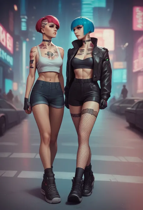 two cyberpunk women, short neon colored hair, looking away from camera, very cybernetic face, full body, black choker, open black leather jackets, no shirts, breasts visible, tattoos on chest and neck and stomach, neon accented , fishnet stockings , holdin...