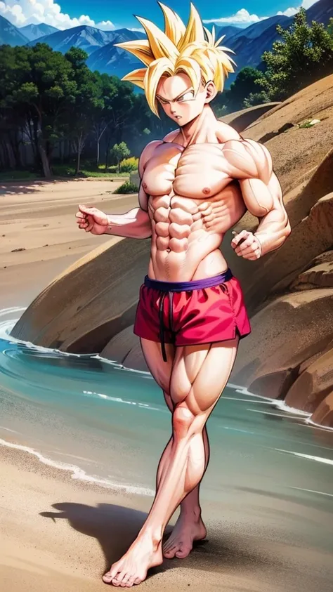 (A detailed drawing of gohan , Bodybuilding-Fitnessstudio.), With a naked torso, Ripping clothes, shorts, slip, the strongest of all, huge muscular body, big Bizeps, big shoulders, Muscle legs,abs, Barefoot, Martial arts, score_9, score_8_up, score_7_up, s...