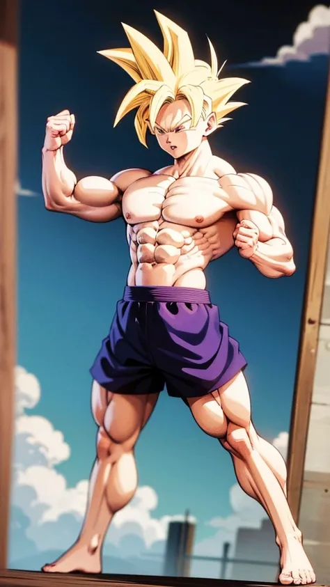 (A detailed drawing of gohan , Bodybuilding-Fitnessstudio.), With a naked torso, Ripping clothes, shorts, slip, the strongest of all, huge muscular body, big Bizeps, big shoulders, Muscle legs,abs, Barefoot, Martial arts, score_9, score_8_up, score_7_up, s...