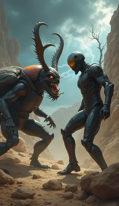 Create a highly detailed scene where an angry Horned Beetle and a muscular superhero Ant-Man face each other in a tense, combative standoff. The Horned Beetle  should have a ferocious snarl with its mane bristling, and the superhero should appear equally i...