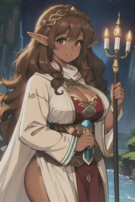 (Best quality), (high resolution), (detailed), 1woman, sketch, cute face, thick lips, elf girl, curly hair, brown hair, super long curly hair, (tanned skin:1.2), long robes, celtic, curvy, magical staff