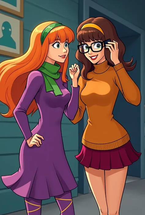 Make me an image of Daphne Blake, a young adult with long orange hair, wearing her purple dress with a green scarf around her neck and a headband with long tights, next to Vilma from the Scooby Doo series, a young adult with short brown hair and her orange...