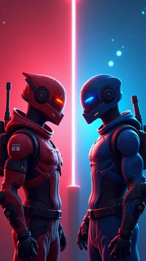 RED VS BLUE FPS on the summer cover ,  Fortnite,  two teams facing each other ,  red and blue lighting ,  dynamic poses ,  futuristic armor , kırmızı ve mavi olarak ikiye bölünmüş bir  Fortnite haritasının arka planı,  stylized , game art 