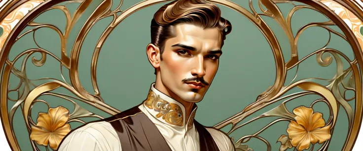 A stunning, elegant latin men in Art Nouveau style,half body photo,sentad0,rude,short hair slicked back,rude face , in Art Nouveau style,close-up photo, improve, intricate, ( better quality,  masterpiece,  Representative work,  official art , professional,...