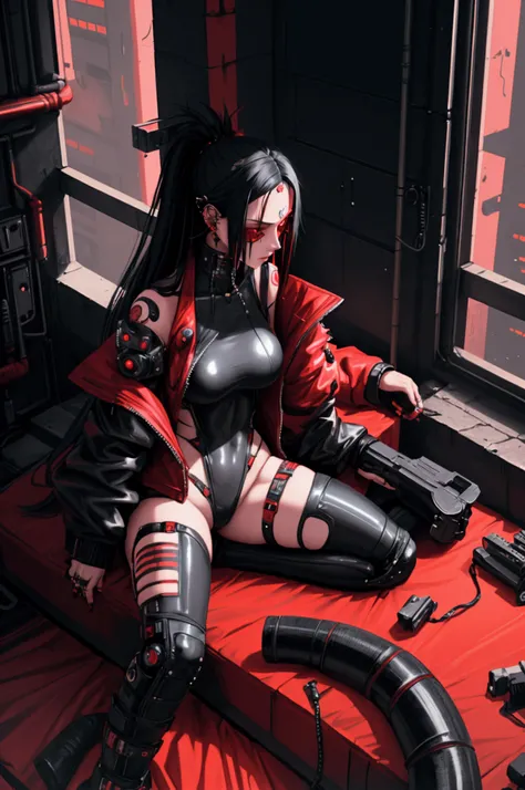 Cyberpunk, body suit, black and red, long hair, beautiful, 1 girl, punk hair,  one piece, showing thighs, black hair, normal arms, face piercings, pistol, in bed