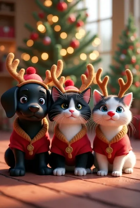 hi ai!  I want a Disney-themed picture with a black labrador and a black and white Persian cat and a white cat with dark gray spots on a Christmas background. They should be wearing reindeer clothes.