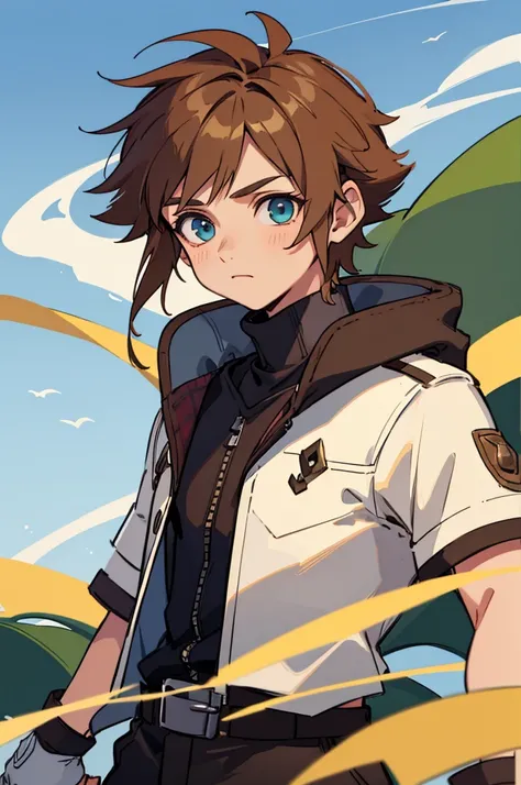 The young man, dark-haired, golden-haired, wearing explorers eyes on his head, blue-green eyes, wearing a white shirt, with a brown turtleneck, an explorer, an adventurer, wearing brown gloves, black pants.