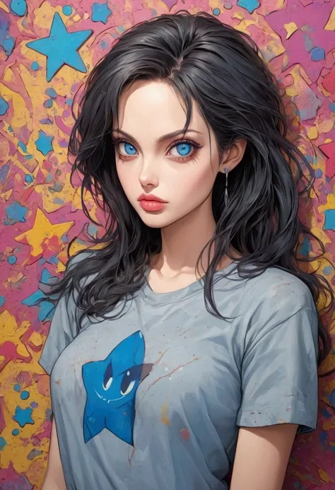 cool shading, 90s anime, flim grain, simple background, highly detailed Angelina jolie character sexy olhar blue star, expressive, big eyes, college wall, dot-stippling texture, pop art, art by Kinuko Y. Craft "grunge_highly_detailed_ink_splash_chipped_pee...