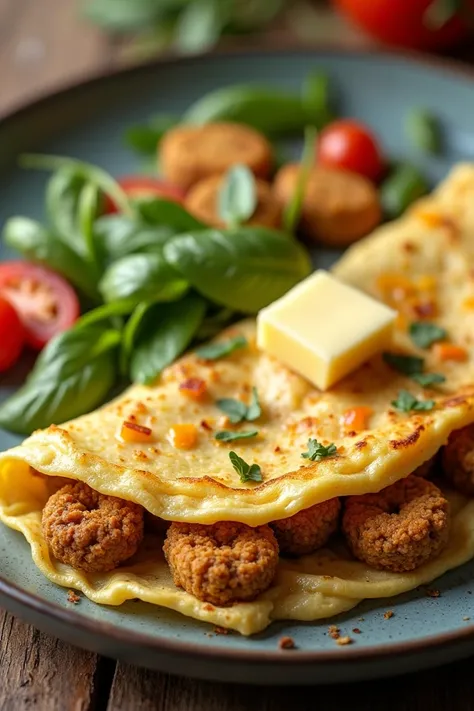  Create an omelet with ingredients, egg,  falafel ,  Butter , Gouda cheese 
