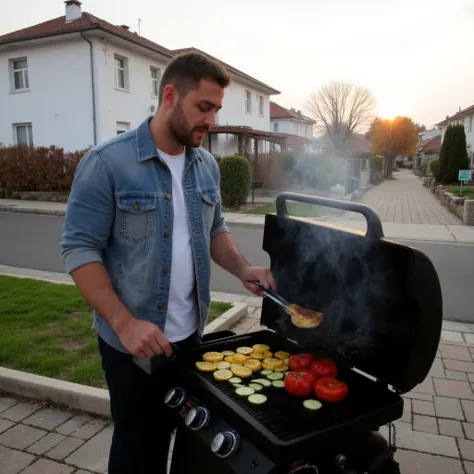 ((best quality)),((high detail)),((realistic,)) "A young man stands by a black charcoal grill on a cool evening, surrounded by the warm, golden glow of a setting sun. exuding a relaxed yet stylish vibe. The grill is loaded with vibrant vegetables—zucchini ...