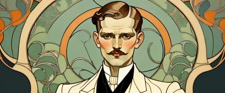 A stunning, elegant MADURE men in Art Nouveau style,half body photo,sitting,short hair slicked back,rude face , improve,maco,manly,  half body Gustavo Klimt: Art Nouveau style, George Barbier:  Art-Deco style , paul-klee :  abstract style , better quality,...