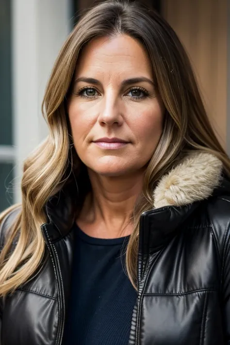 Medium view, of middle aged, 50 year old, katie sigmond, milf, face portrait, greek￼ features, chubby, fat, long hair, blond hair, black leather puffer moncler jacket, in toronto.