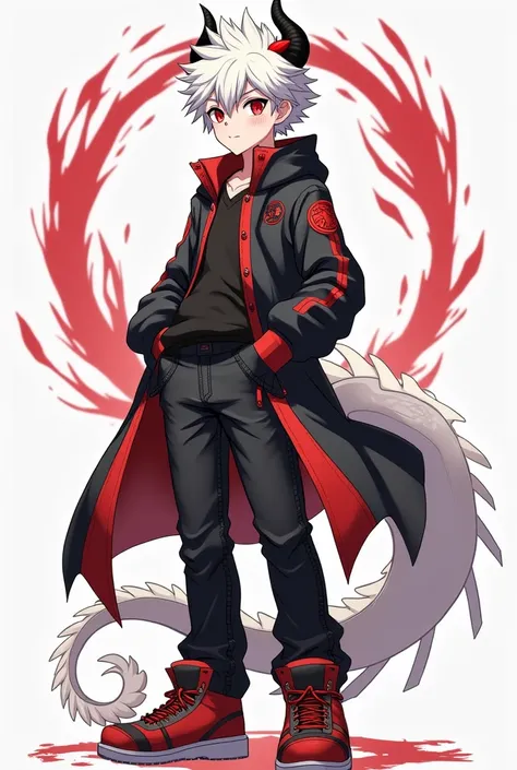 Ichi is a white dragon boy  de 12 años with white hair, fair skin and red eyes, he wore a black jacket with red touches, a long sleeve and a pair of long black jeans and red and black and white shoes, and had dragon features such as a white tail, horns and...