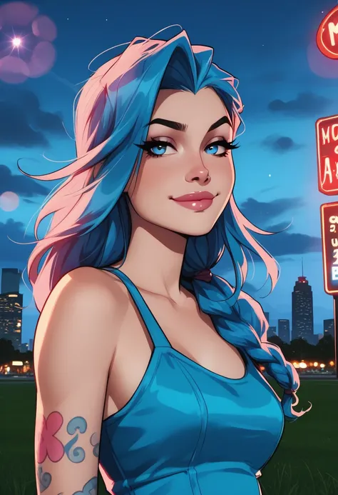 score_9, score_8_up, score_7_up, Western Comics, Portrait, Jinx, cute, seductive, innocent, light smile:0.3, plump lips, slender body, cloud tattoos on arm, outdoor, intense blue long hair, bokeh, neon light passing through hair, award winning fashion phot...