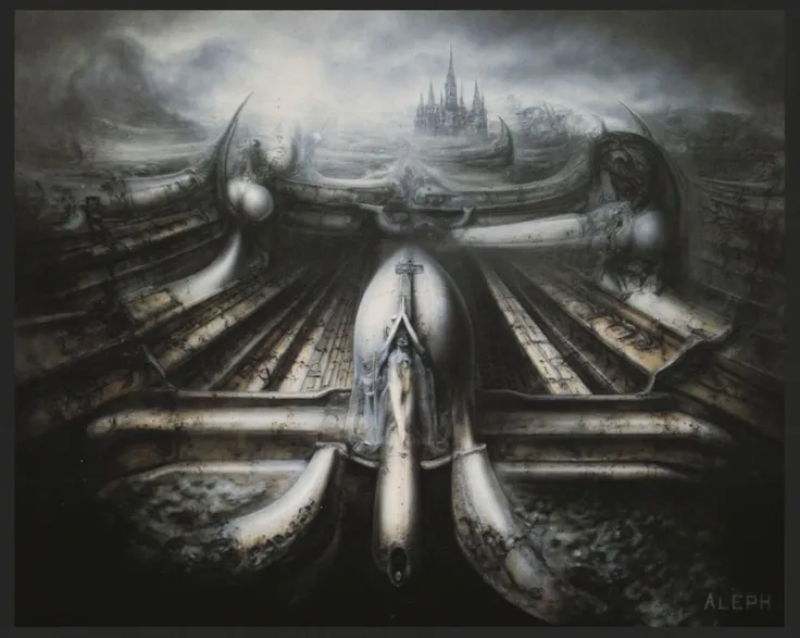 In a shadowy, surreal landscape reminiscent of H.R. Gigers most provocative works, H. R. Gigers g1g3r, , Giger_style, H. R. Gigers g1g3r, , Giger_style, The image is a detailed view of H.R. Gigers " HRG Aleph " plate, featuring ( The image depicts a surrea...