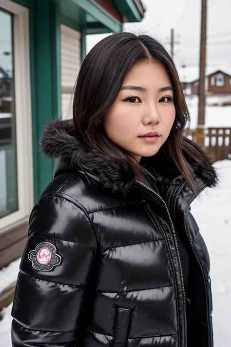 Medium view, of young aged, 19 year old, girl, teenage gilf, milf, beautiful girl, face portrait, asian￼ features, korean girl, extremely fat, long hair, black leather moncler puffer jacket, makeup, in Small town alaska,