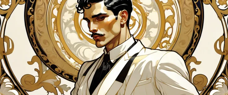 ccxl-mucha,elegant latin men,RUDE, Art style, gold and wite, retrato,elegant,short black hair