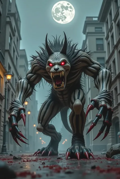 Concept art réaliste du Bandersnatch d’Alice in Wonderland version horreur; très grande taille; musculature maximale; griffes gigantesques et disproportionnées; dents gigantesques et disproportionnées; vision de cauchemar; pelage gris avec zébrures noires;...