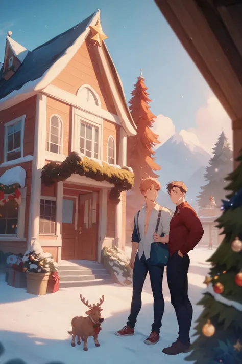 Very detailed 、  high resolution 、​masterpiece、Sharp focus、3/、  Official Art  、 Romantic , Christmas 、 Casual wear, Christmas atmosphere in the house 、(  men and women who love each other  )