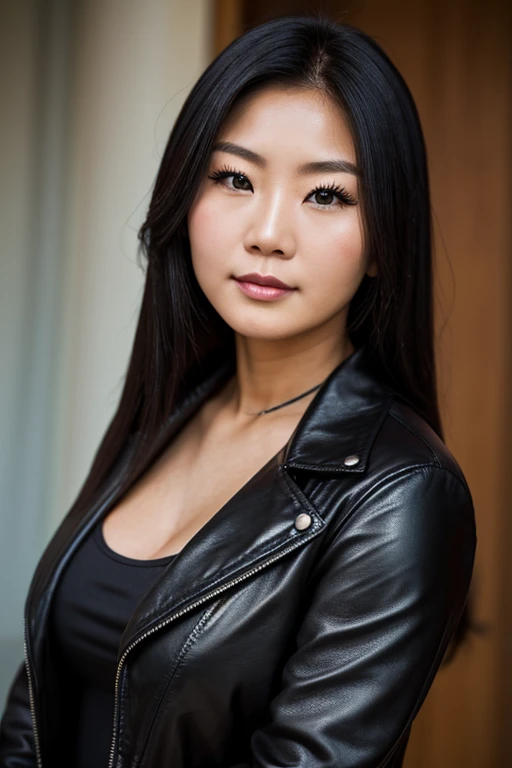 Medium view, of young aged, 19 year old, girl, teenage gilf, milf, beautiful girl, face portrait, asian￼ features, korean girl, extremely fat, long hair, black silky leather jacket, makeup, model, in san francisco,