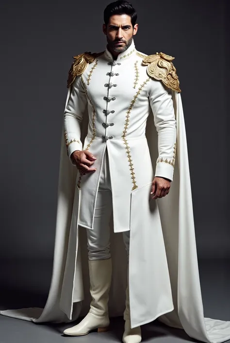 Tom Ellis,long white coat with white pants and high boots. The coat has silver buttons, starting from the chest and ends on the waist. The coat also has golden designing on the sleeves and shoulders,fantasy style,potrait