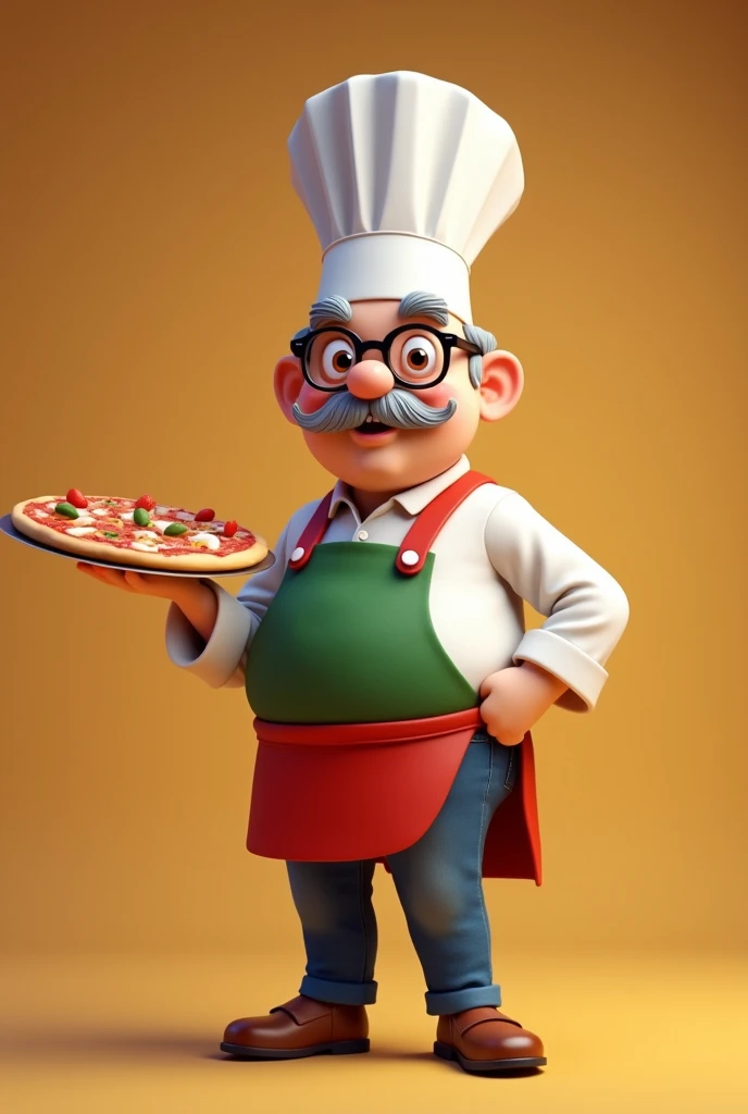 Design a bright and inviting 3D pizza parlor scene. The central figure is a friendly pizzaiolo with a normal face, slightly round belly, strong arms, and short gray hair. He has a curled gray mustache in a classic Italian style and wears a tall, white chef...