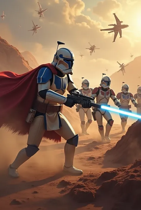 "Create an image depicting a battle scene from the Clone Wars, but without Anakin Skywalker. The focus should be on clone troopers and Jedi fighting against droids on a war-torn battlefield. The scene should convey a sense of intense conflict and struggle....