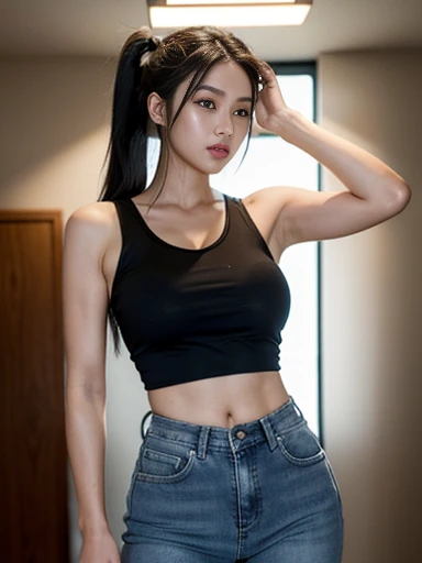 , the girl poses for a photo in an old pair of jeans, partially flabby.，Black hair, Long hair,  Ponytail, Long hairเป็นพิเศษ 2 เมตร, With a black crop top, a graphic print of the words , "Hello Butapuang" , Bright colors， slim figure ，Bigger Breasts ， 38 i...