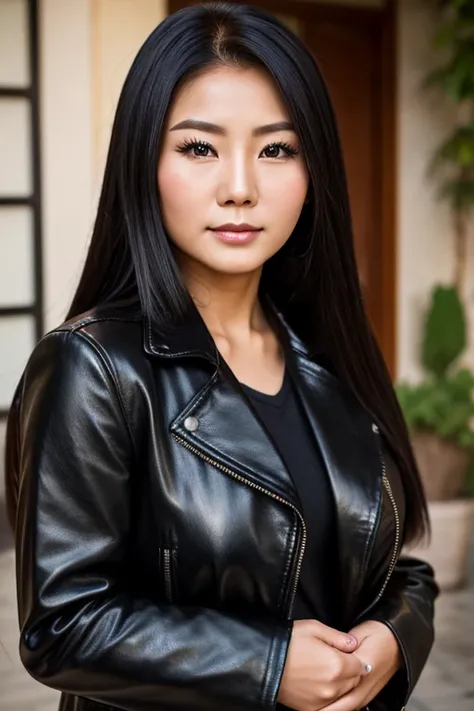 Medium view, of young aged, 19 year old, girl, teenage gilf, milf, beautiful girl, face portrait, asian￼ features, chinese girl, extremely fat, long hair, black silky leather jacket, makeup, model, in china